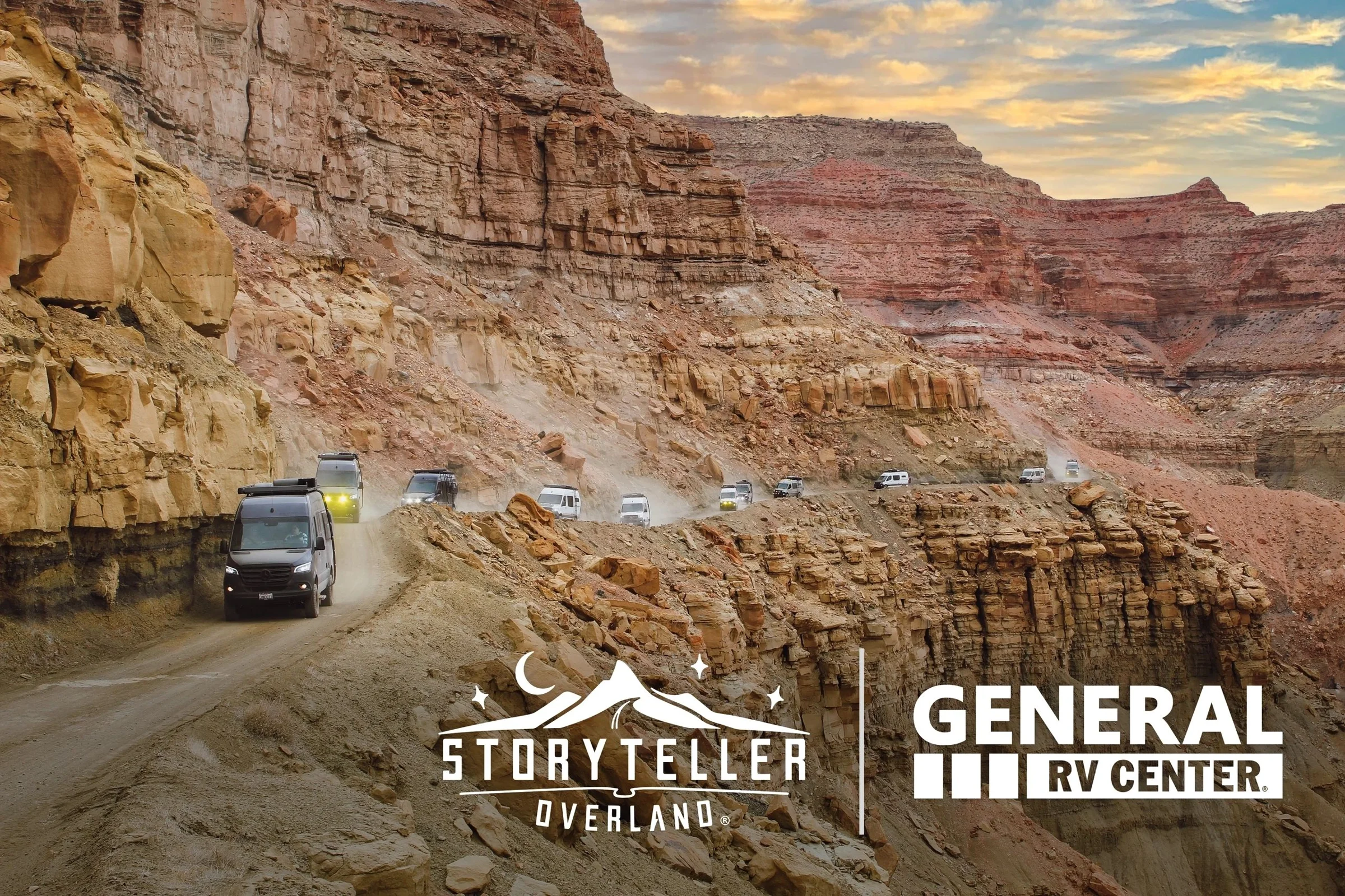 A caravan of adventure vans on a canyon road, with Storyteller Overland and General RV Center logos
